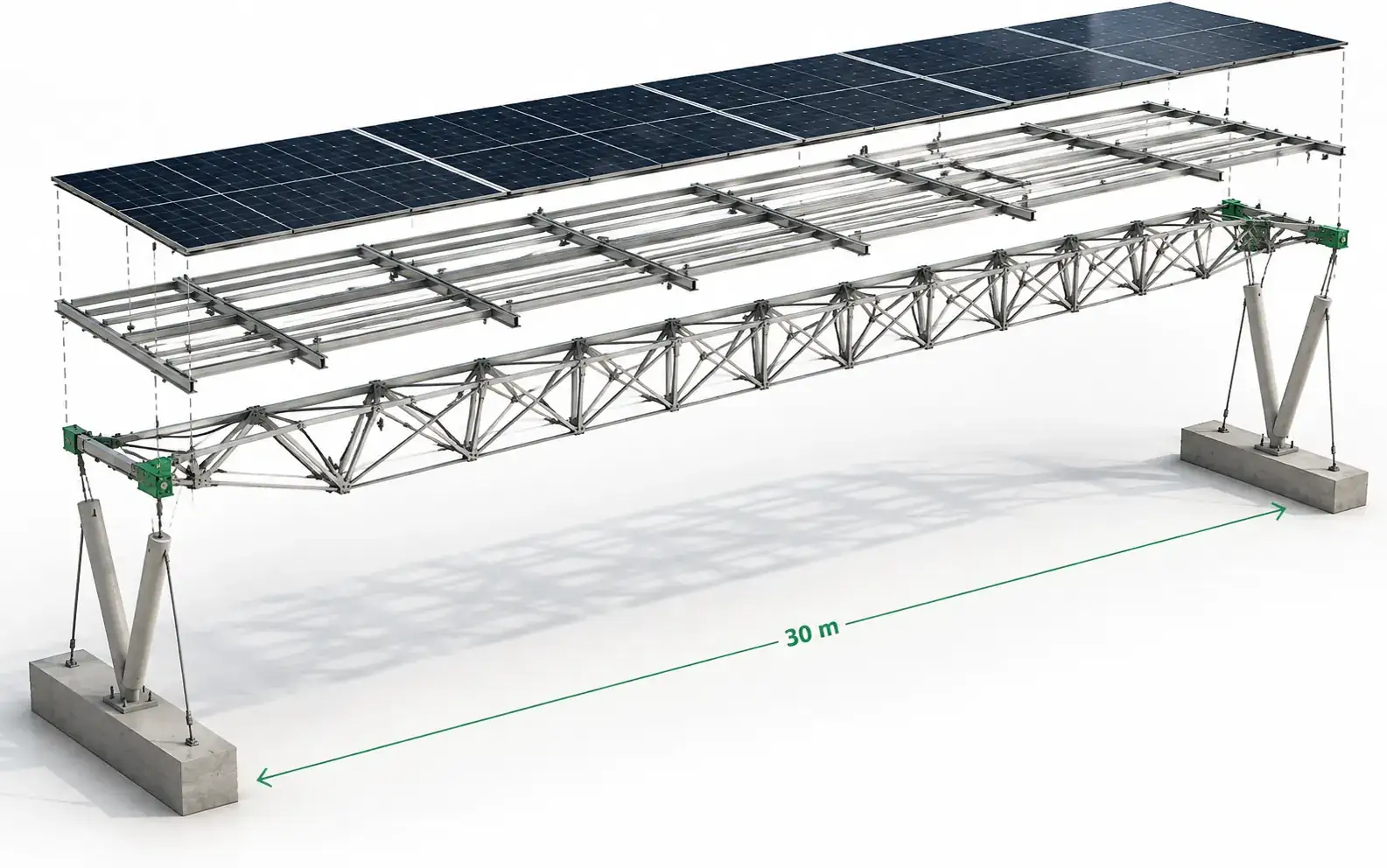 SUUN visualisation: exploded 30 m module, V columns, truss and solar roof