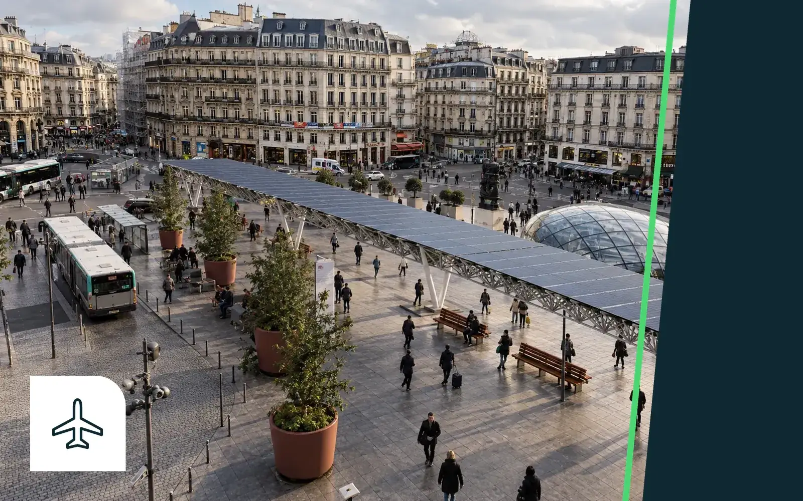 SUUN canopy on an urban square near a station