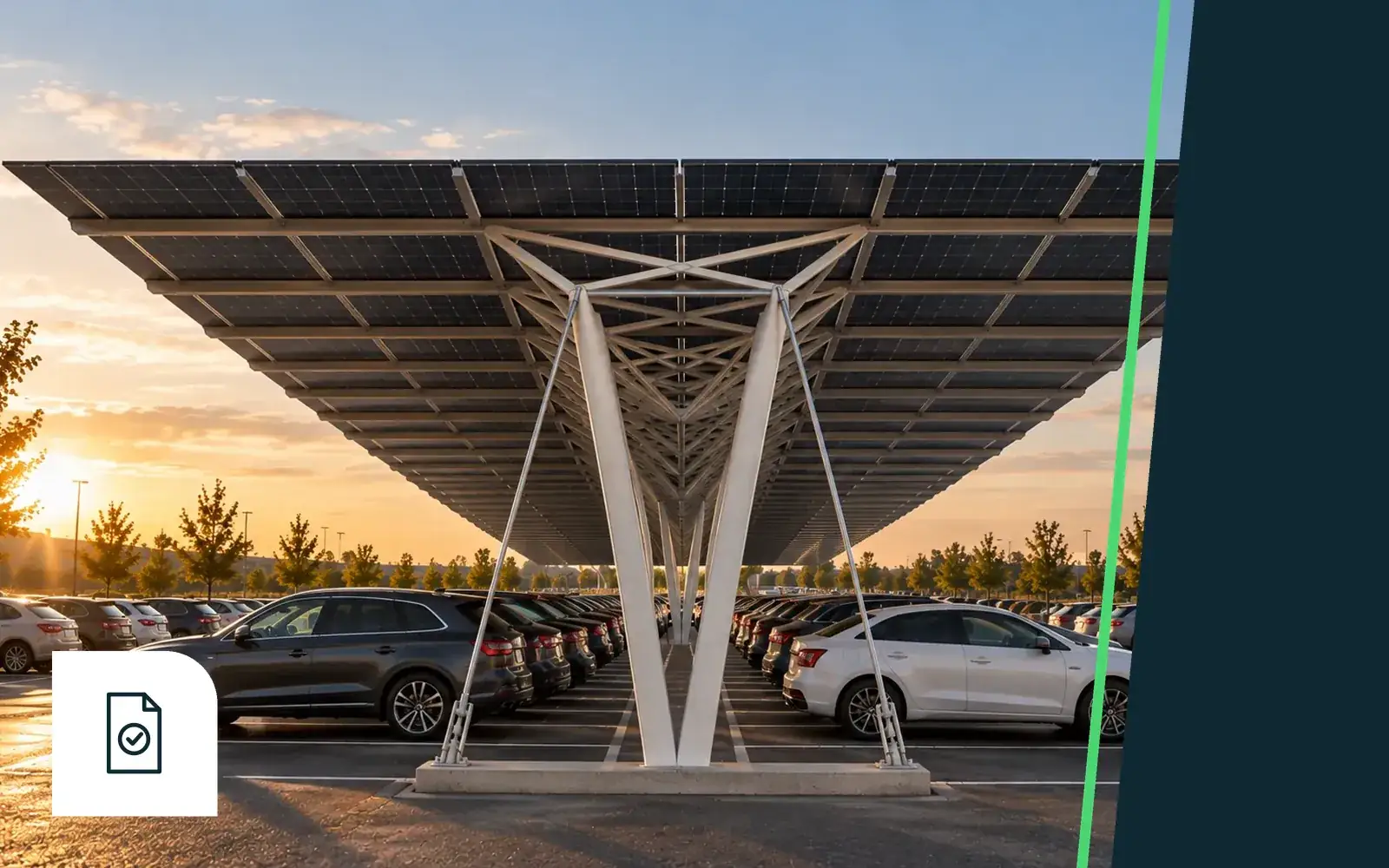 SUUN canopy over a car park at sunset