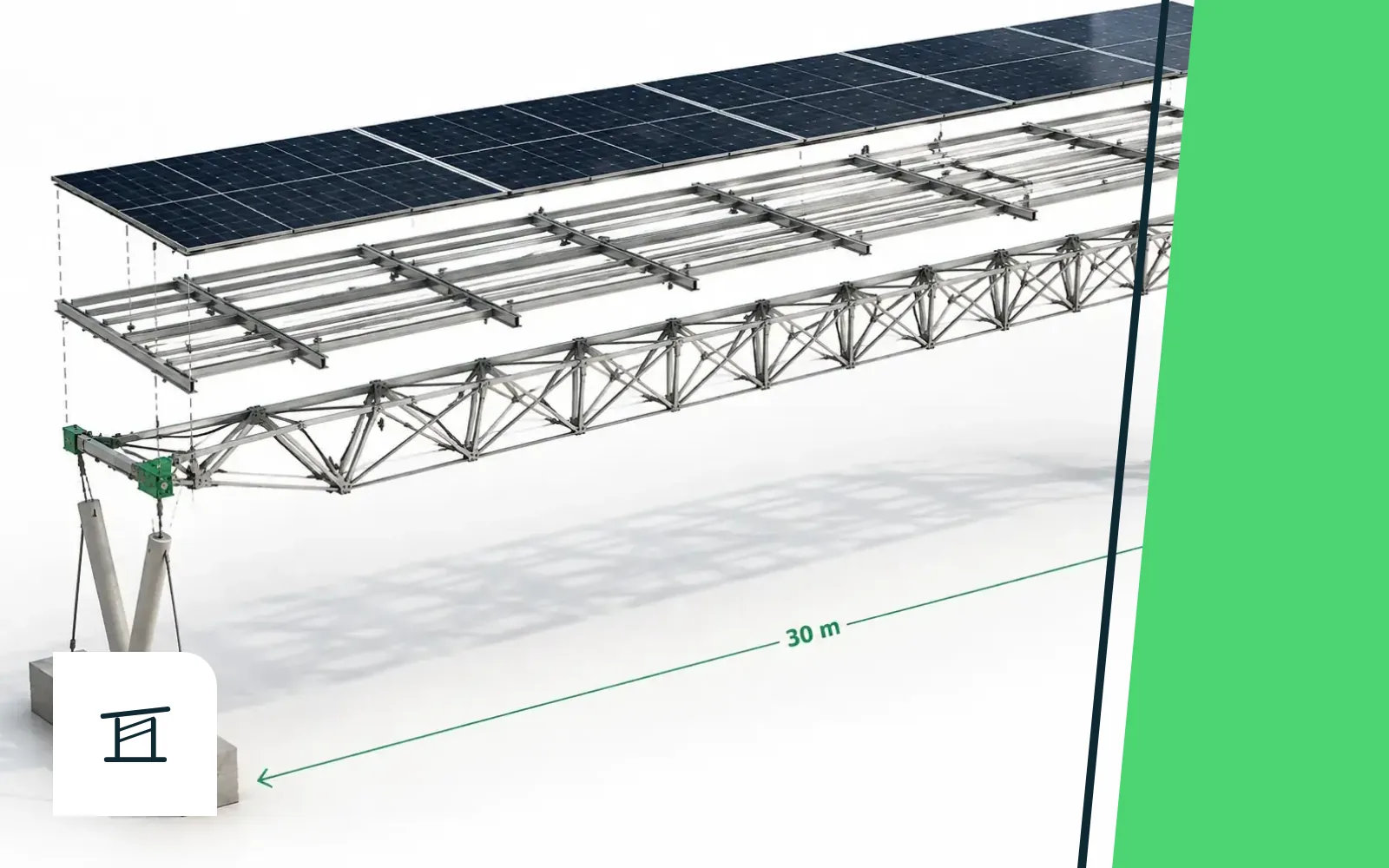 Structure d’ombrière SUUN : module de 30 m et piliers en V